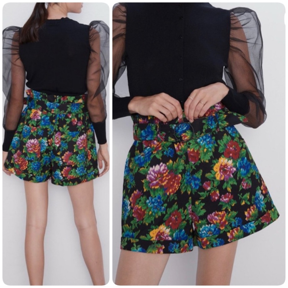 Zara Bright Floral Paperbag Belted High Waist Shorts Medium M Wide Leg Bermuda